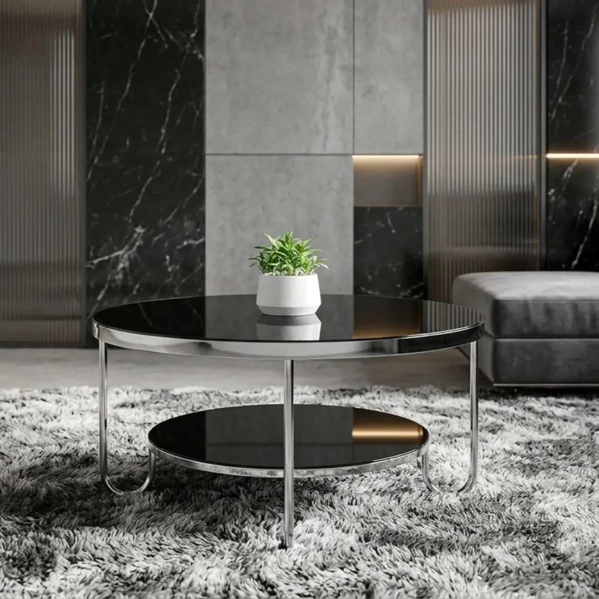 Sasa Round Black Glass Coffee Table with Silver Chrome Legs and Storage - Coffee tables furniture in UK