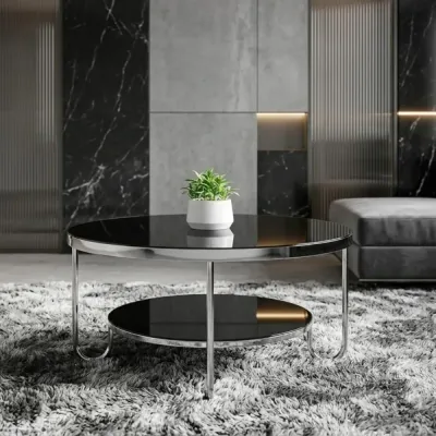 Sasa Round Black Glass Coffee Table with Silver Chrome Legs and Storage – coffee table for the living room