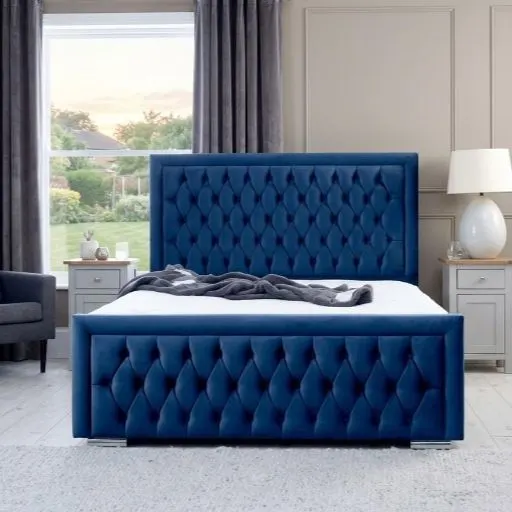 King Size Hilton Blue Velvet Upholstered Bed with Luxury Mattress - Beds furniture in UK