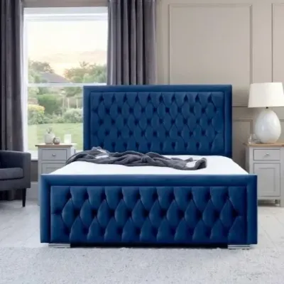 King Size Hilton Blue Velvet Upholstered Bed with Luxury Mattress – bed frame for the bedroom
