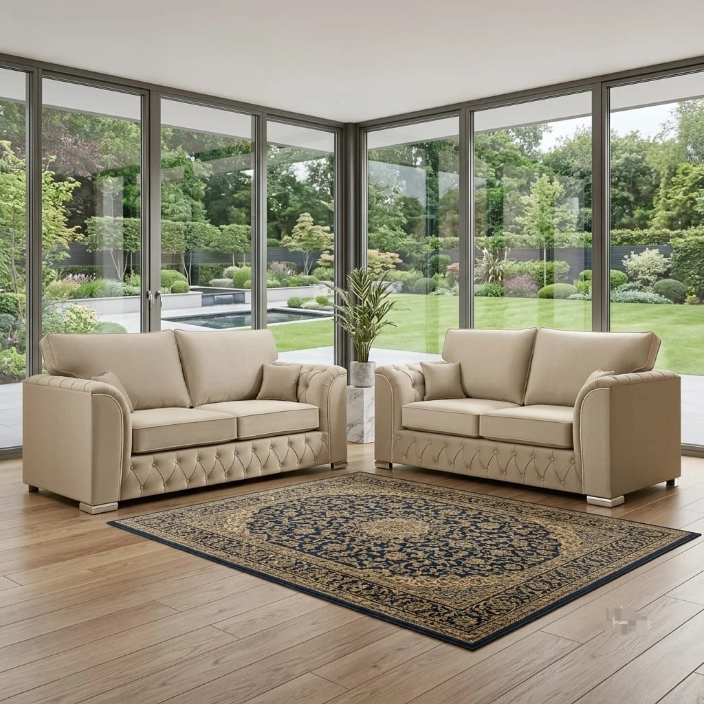 Luxury beige Plush Velvet 3 and 2 Seater Highback Sofa Set - Sofas furniture in UK