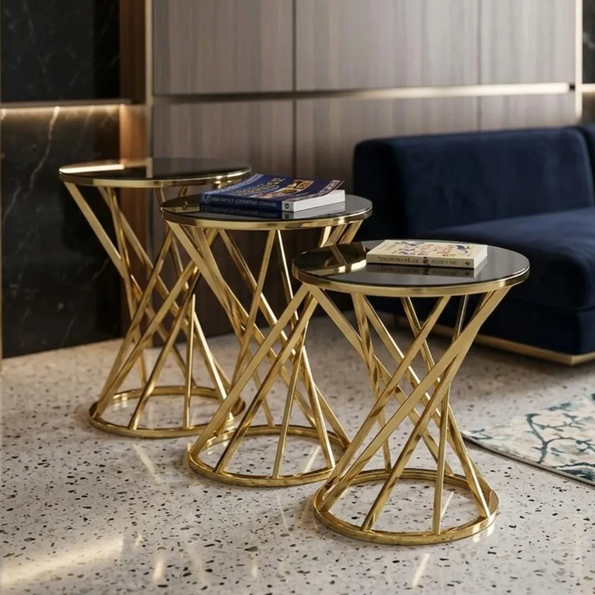 Luzzo Round Black Glass Nest of 3 Tables with Gold Twist Base - Coffee tables furniture in UK