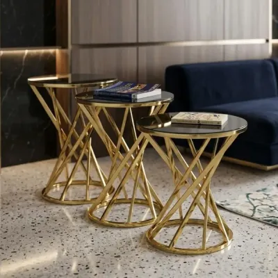 Luzzo Round Black Glass Nest of 3 Tables with Gold Twist Base – nest of tables for the living room