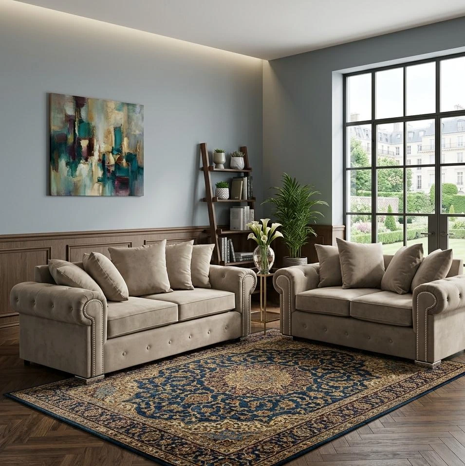 Olympia 3 and 2 Seater Sofa Set – Premium Beige Velvet with Studded Detail - Sofas furniture in UK