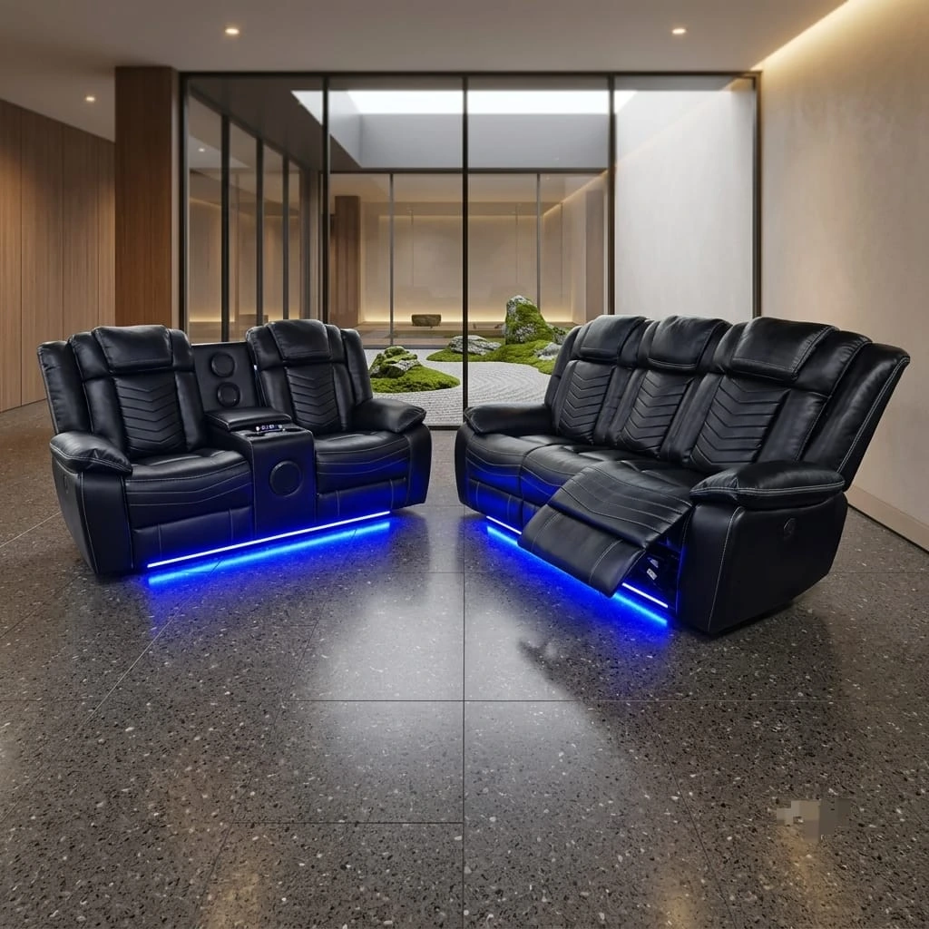 Elite Tech Black Electric Recliner Sofa Set – LED Lighting & Premium Cinema Features | Sofas | UK