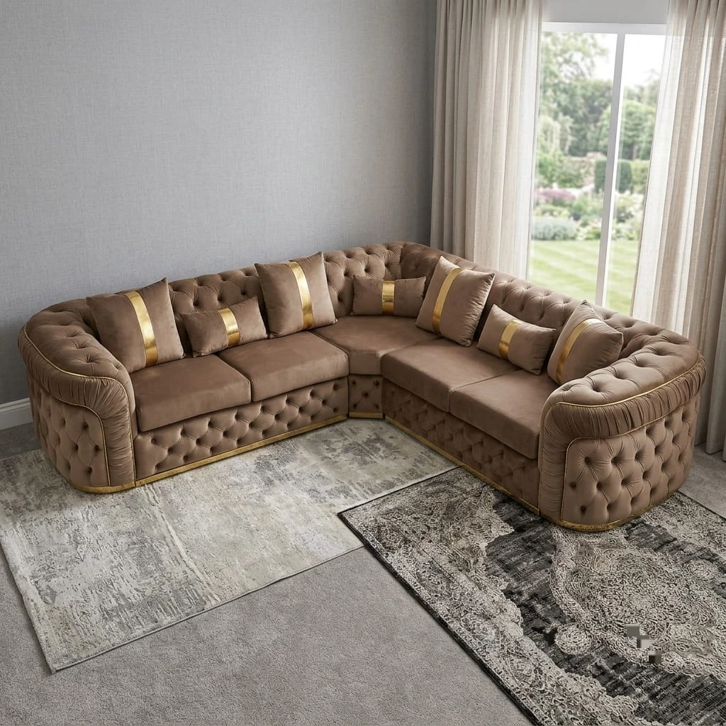 Torento Luxury Mink Fabric Corner Sofa with Deep Button Tufting and Elegant Gold Trim Detailing | Sofas | UK