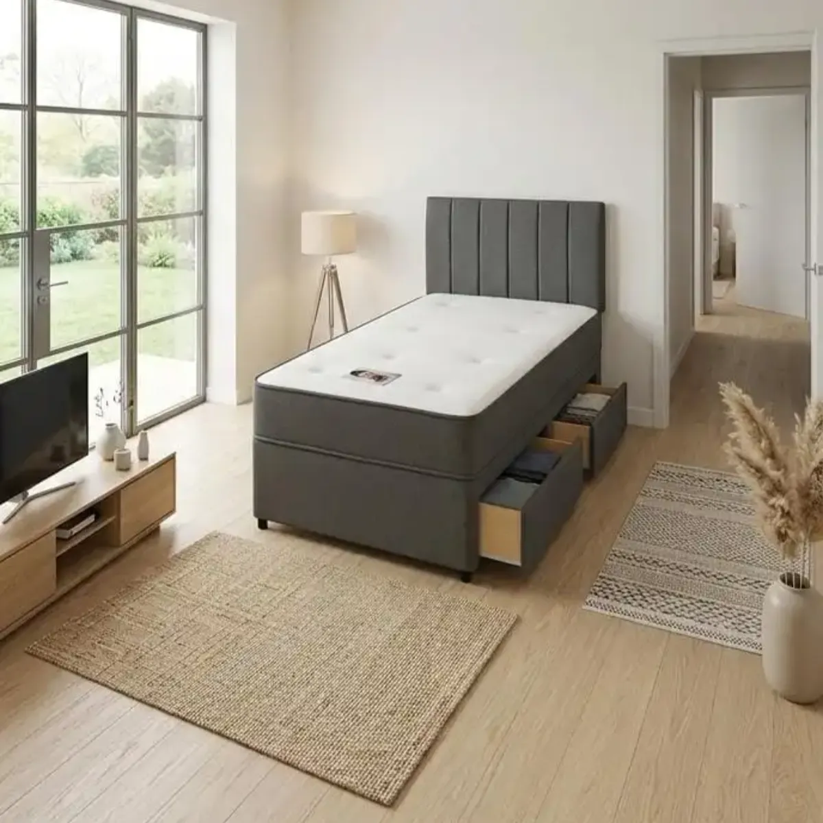 Grey Single Divan Bed with 2 Storage Drawers and Luxury Mattress Bundle - Free UK Delivery - Beds furniture in UK
