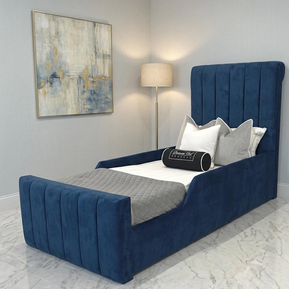 Navy Blue Plush Velvet Panel Bumper Toddler Bed With Mattress - Beds furniture in UK