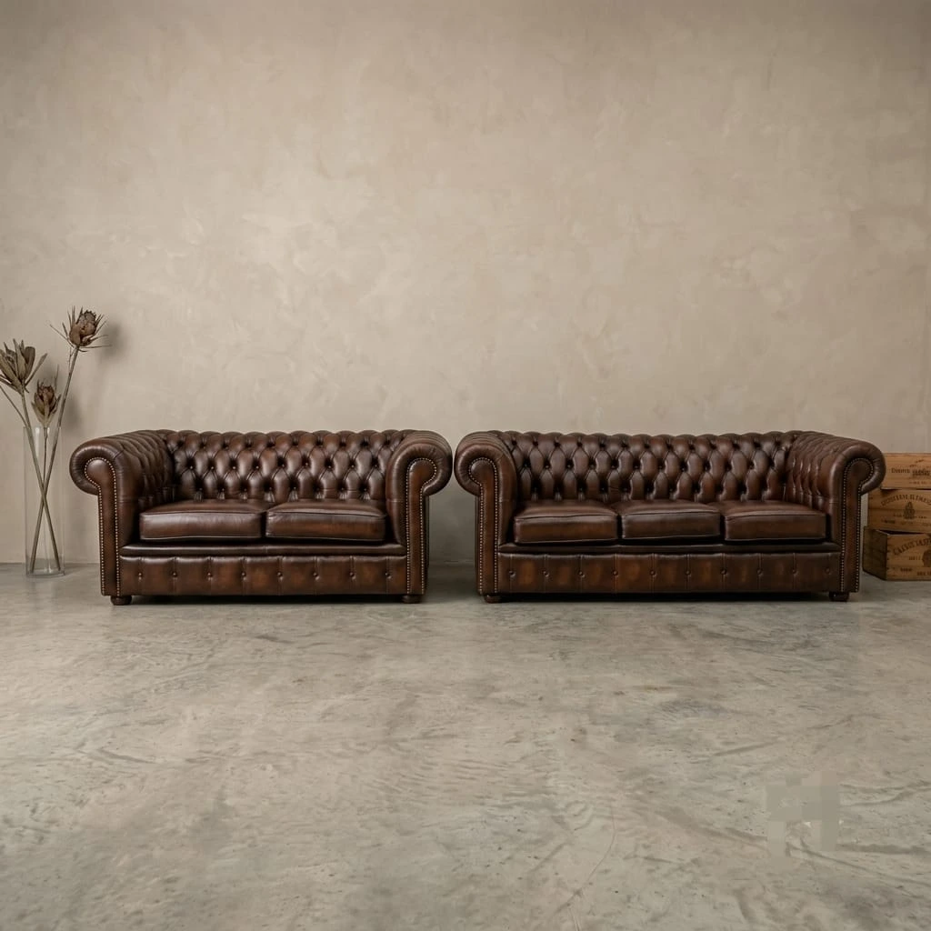 Vintage Antique Brown Leather Chesterfield 3 and 2 Seater Sofa Set - Sofas furniture in UK