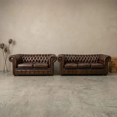 Vintage Antique Brown Leather Chesterfield 3 and 2 Seater Sofa Set – 3+2 sofa set for the living room