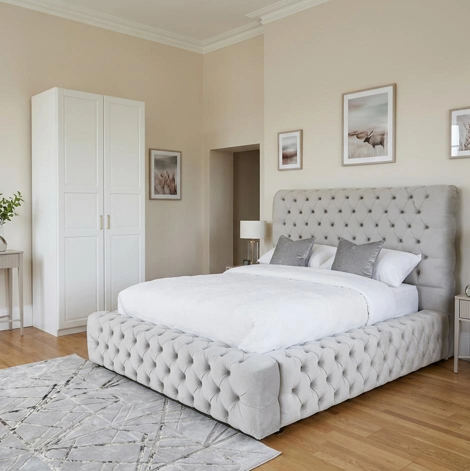 Luxury Double Ambassador Chesterfield Velvet Bed Frame with Mattress - Silver - Beds furniture in UK