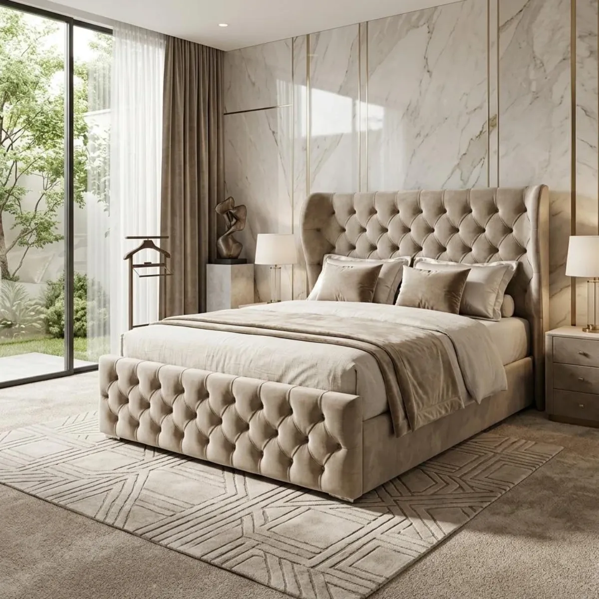 Double Size Oxford Wingback Chesterfield Bed with Mattress – Cream - Beds furniture in UK