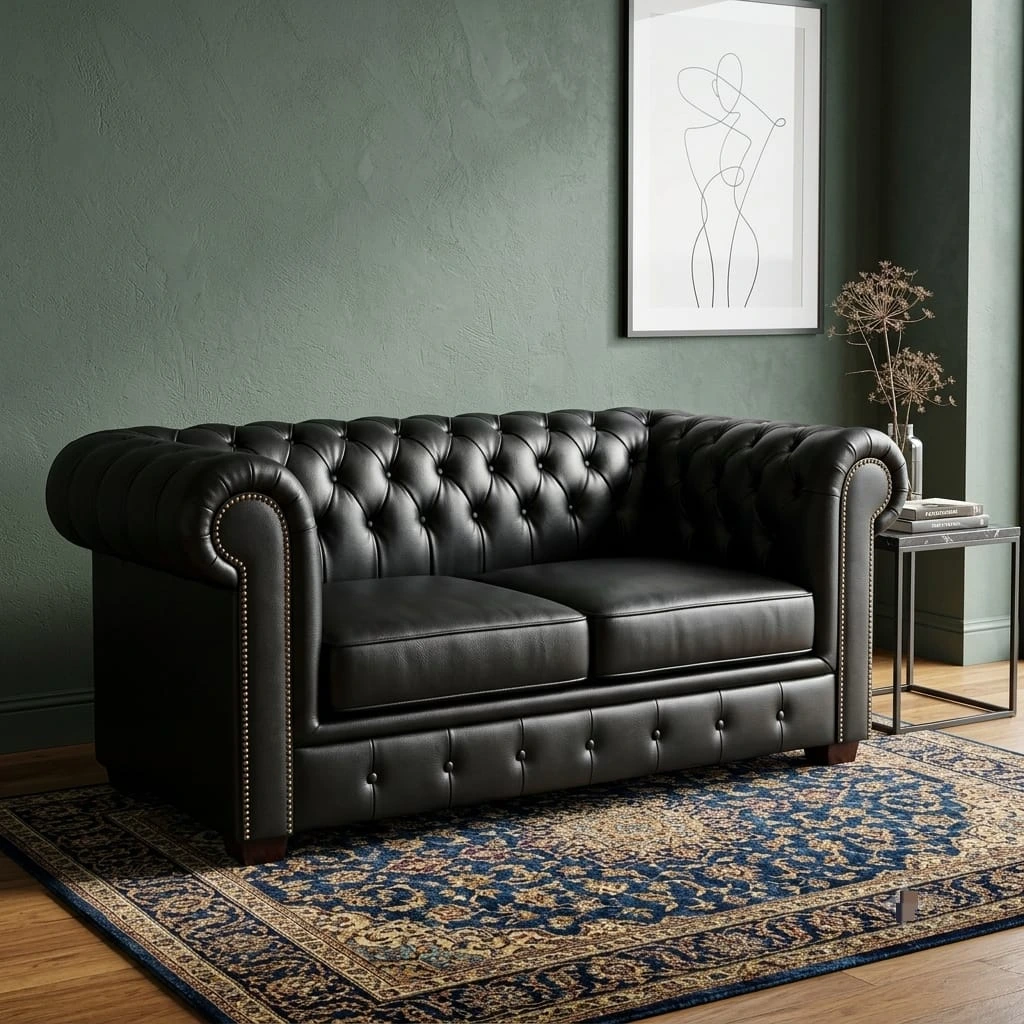 Classic Black Leather Chesterfield 2 Seater Sofa - Sofas furniture in UK
