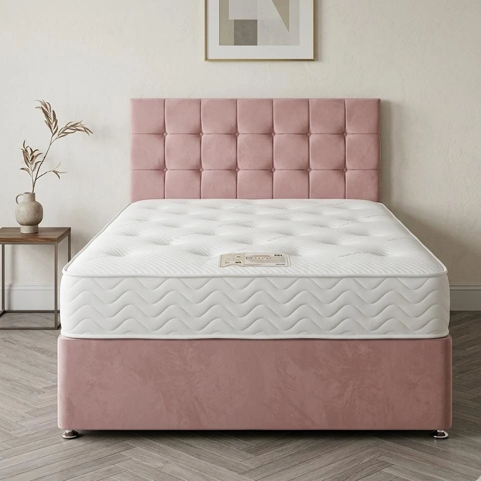 Double Pink Plush Velvet Divan Bed Set with Cube Headboard and Mattress - Beds furniture in UK