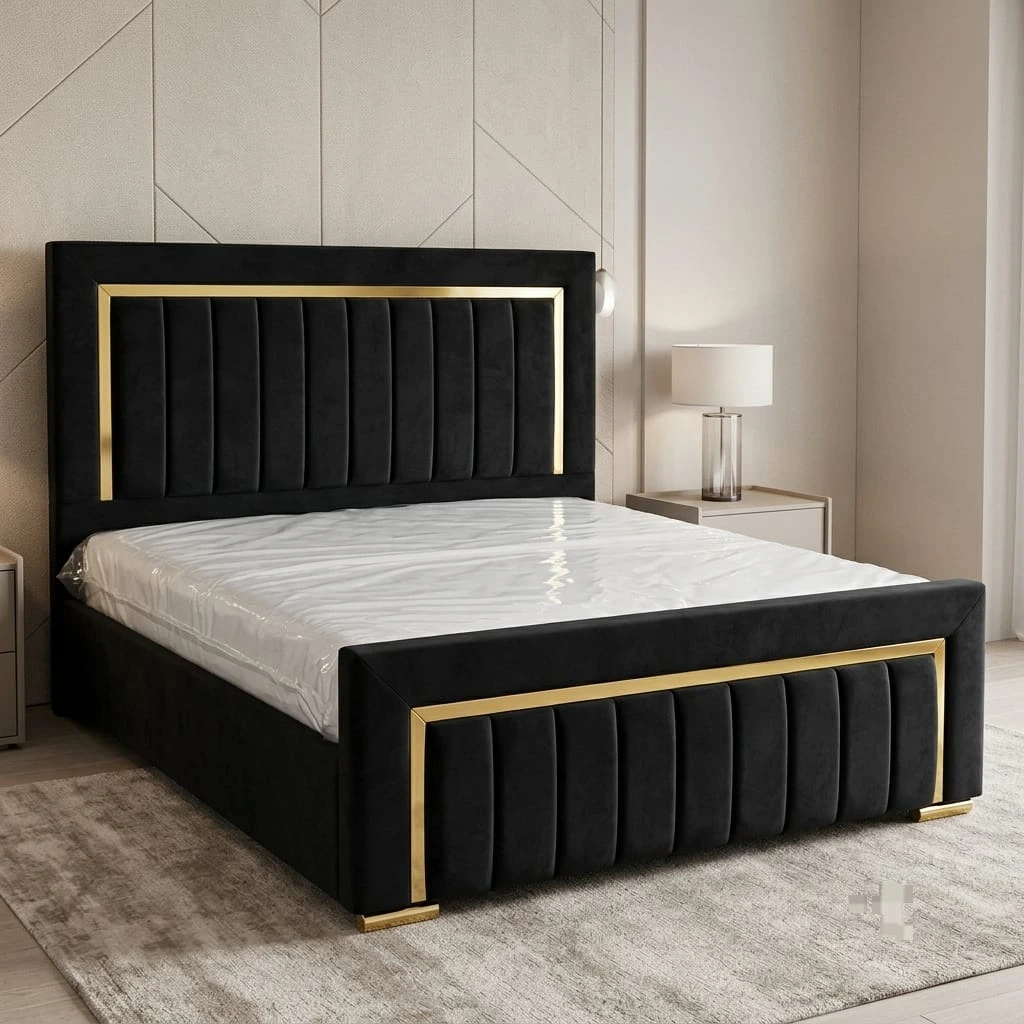 Golden Strip Vertical Line Velvet Double Bed with Mattress – Cash on Delivery & Free UK Delivery - Beds furniture in UK