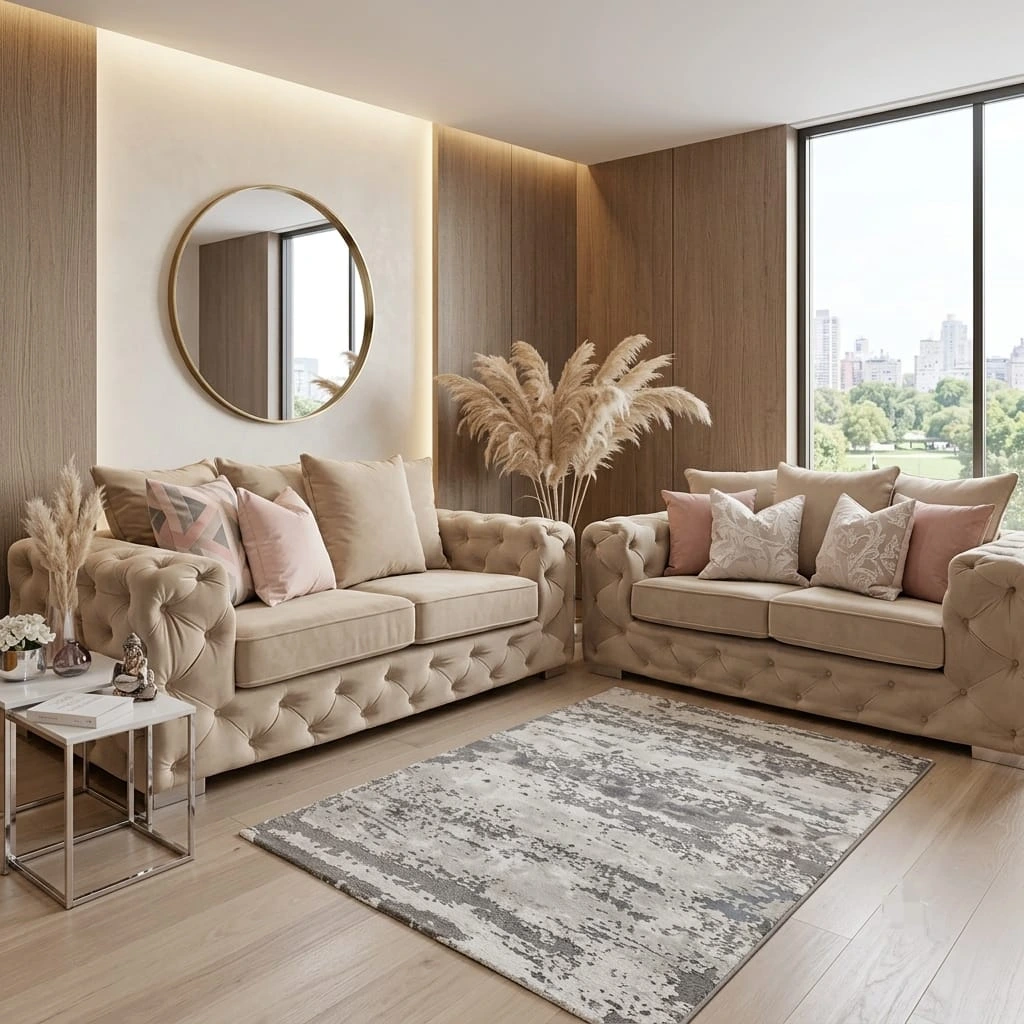 Ashton Luxury 3 and 2 Seater Beige Velvet Sofa Set Scatter Back Chesterfield Fabric Settee Suite - Sofas furniture in UK