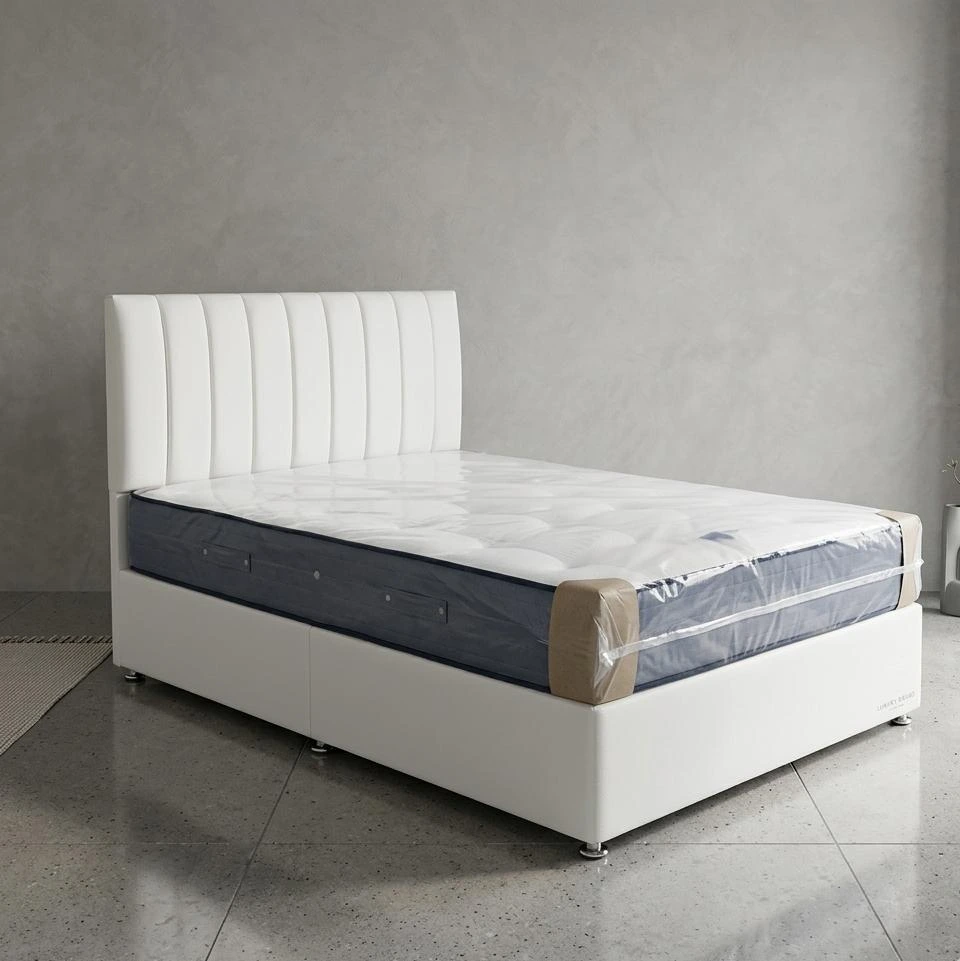 Double Luxury White Upholstered Divan Bed Set with Fluted Headboard & Support Mattress - Beds furniture in UK