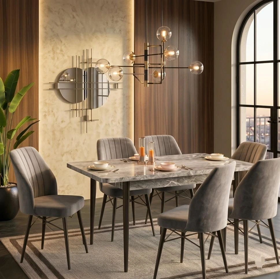 Luxury High Gloss Grey Dining Table with 6 Velvet Upholstered Chairs - Dining furniture in UK