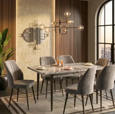 Luxury High Gloss Grey Dining Table with 6 Velvet Upholstered Chairs – dining table set for the dining room