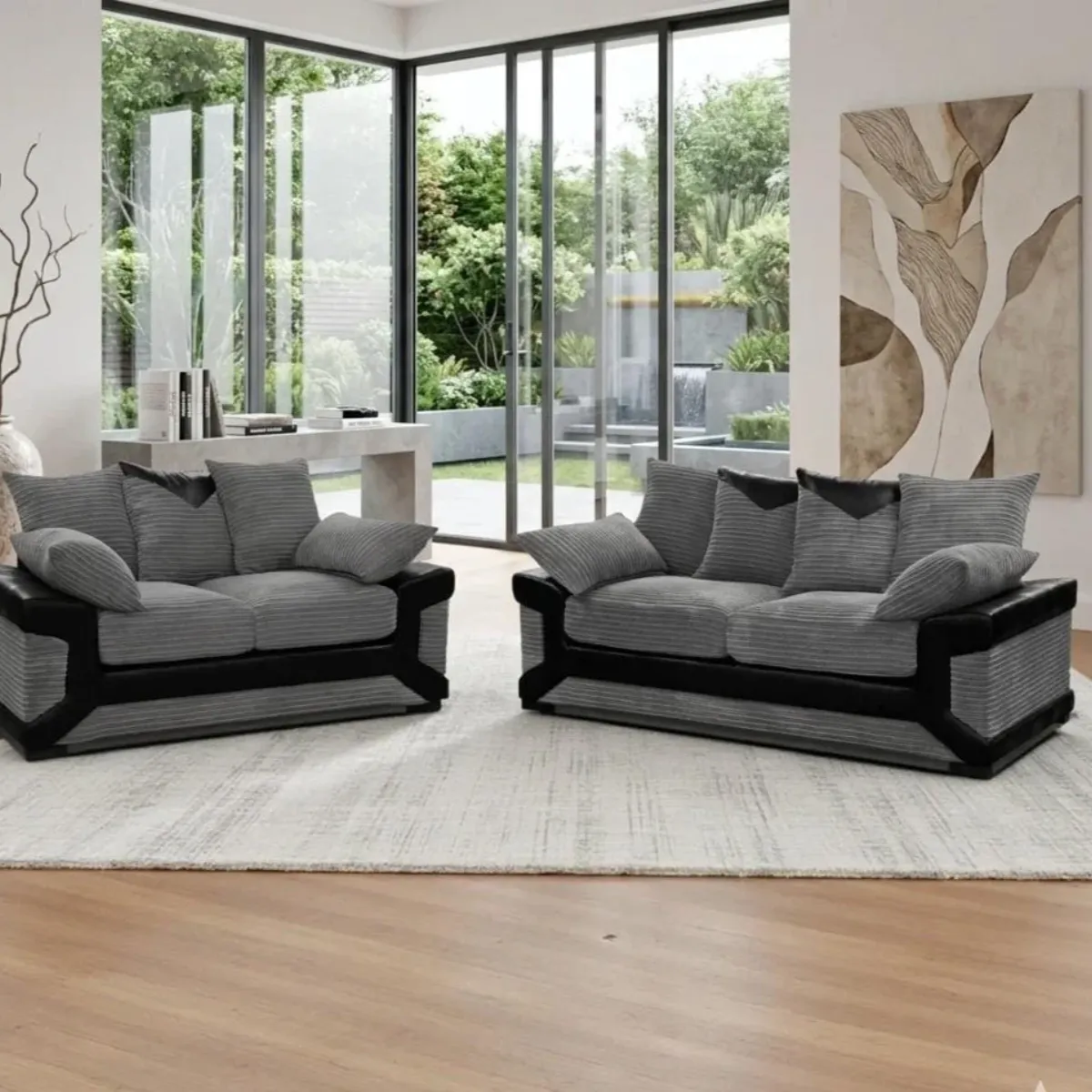 Dino 2 and 3 Seater Sofa Set in Grey - Premium Cord Rolling Fabric & Faux Leather | Sofas | UK