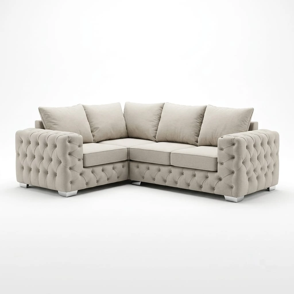 Ashton Luxury Cream Velvet 4 Seater Corner Sofa Scatter Back Chesterfield Fabric Settee Suite - Sofas furniture in UK