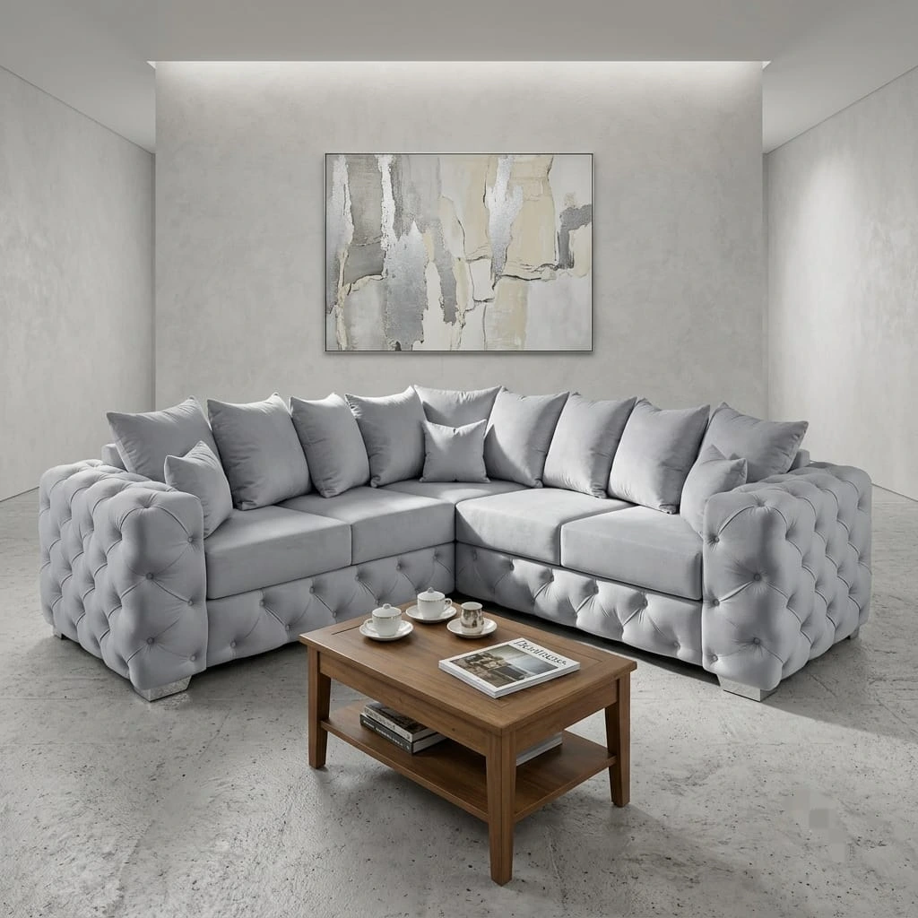 Ashton Luxury Light Grey Velvet Corner Sofa Scatter Back Chesterfield Fabric Settee Suite - Sofas furniture in UK