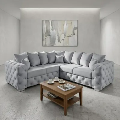 Ashton Luxury Light Grey Velvet Corner Sofa Scatter Back Chesterfield Fabric Settee Suite – corner sofa for the living room