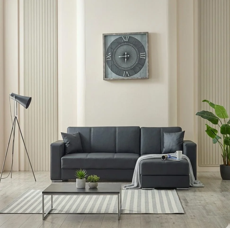 Futuro Storage Black Leather Sofa Bed | Modern Convertible Sofa | Free UK Delivery - Sofabeds furniture in UK