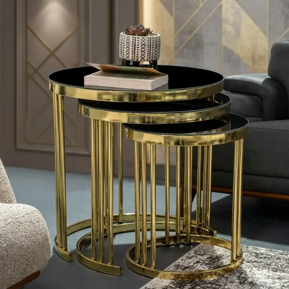 Valec Round Black Glass Nest of 3 Tables with Gold Frame - Coffee tables furniture in UK
