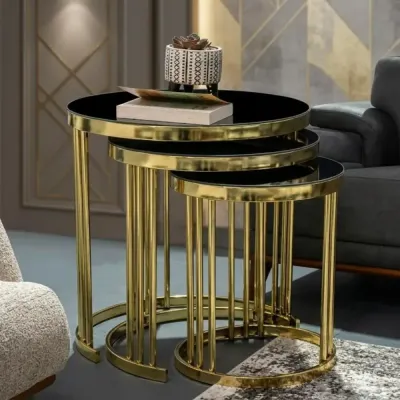 Valec Round Black Glass Nest of 3 Tables with Gold Frame – nest of tables for the living room