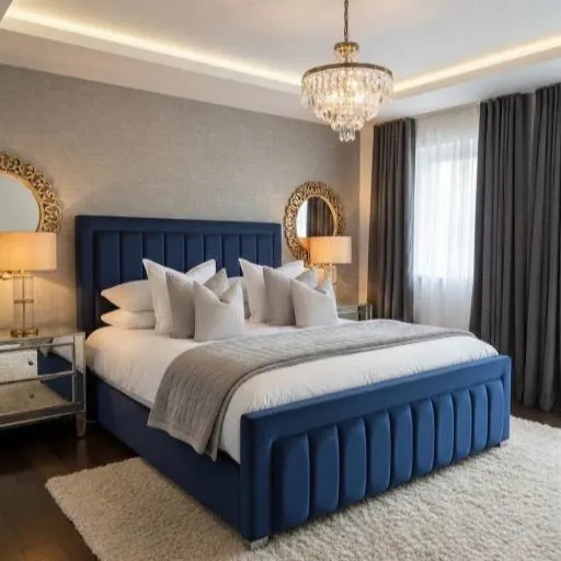 Navy Blue Velvet King Size Vertical Fluted Bed Frame with Mattress - Beds furniture in UK