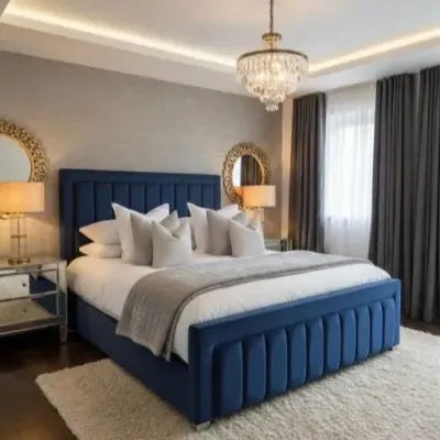 Navy Blue Velvet King Size Fluted Panel Bed Frame with Mattress – panel bed for the bedroom