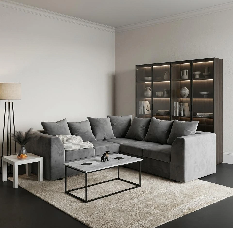 Dylan Grey Plush Velvet 5 Seater Corner Sofa - Sofas furniture in UK