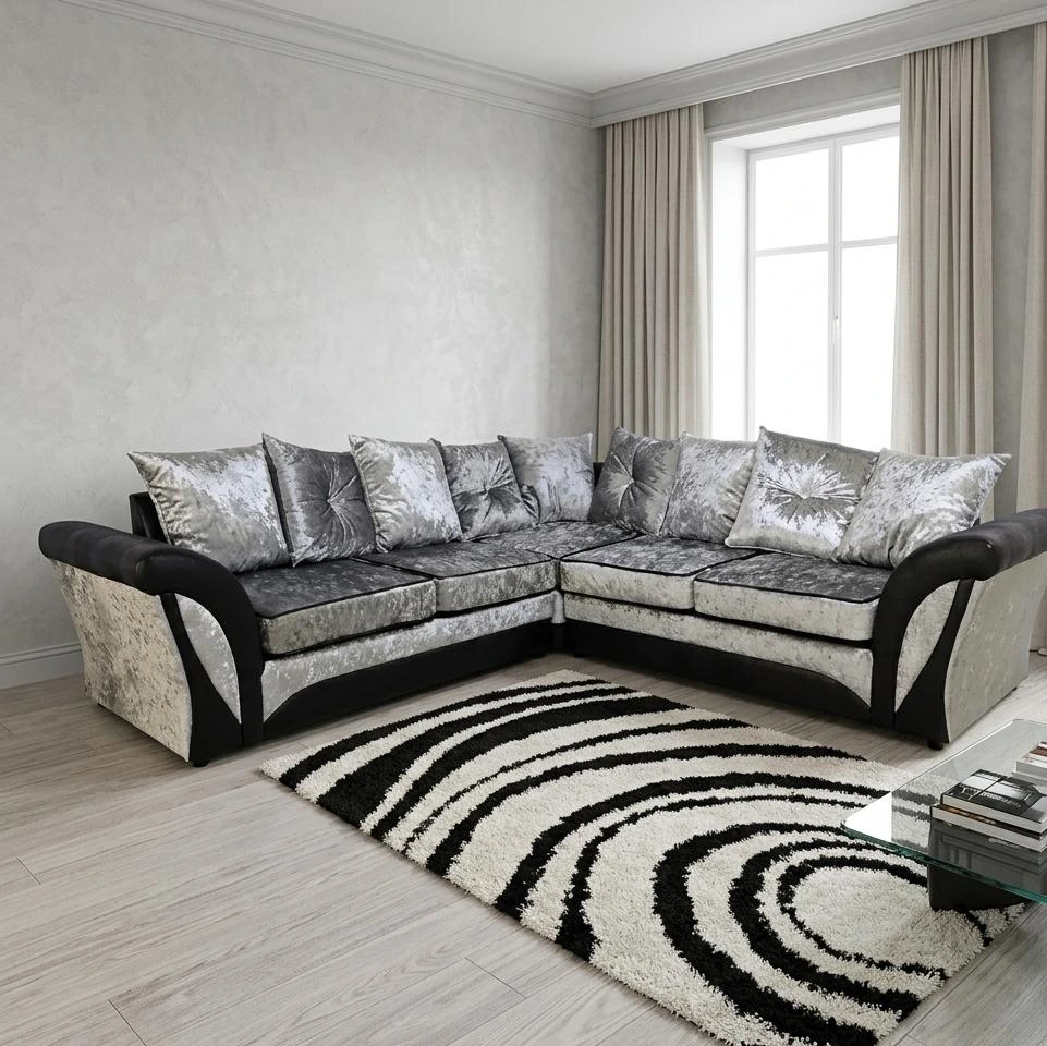 Shannon 5 Seater Corner Sofa – Premium Silver Crushed Velvet & Black Faux Leather - Sofas furniture in UK