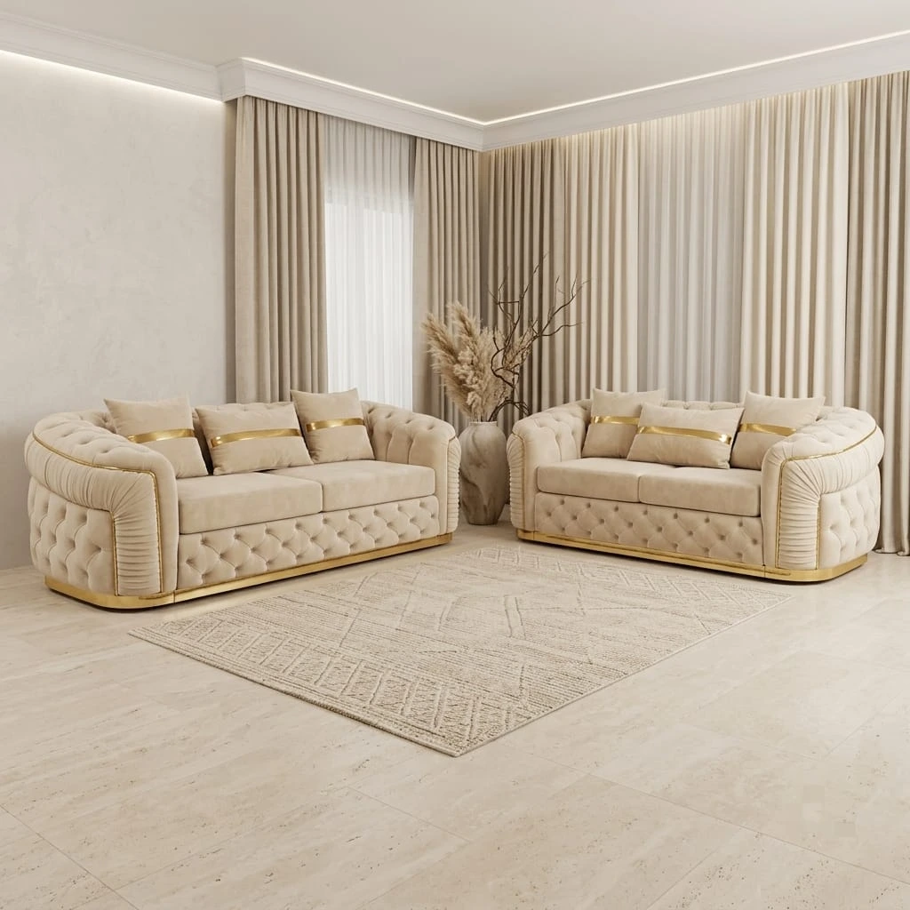 Torento Luxury Cream Fabric 3+2 Seater Sofa Set with Deep Button Tufting and Elegant Gold Trim | Sofas | UK