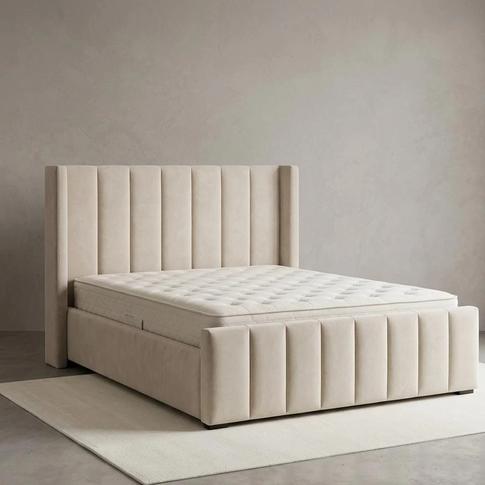 Double Size Cream Panel Wingback Velvet Bed Frame with Mattress - Beds furniture in UK