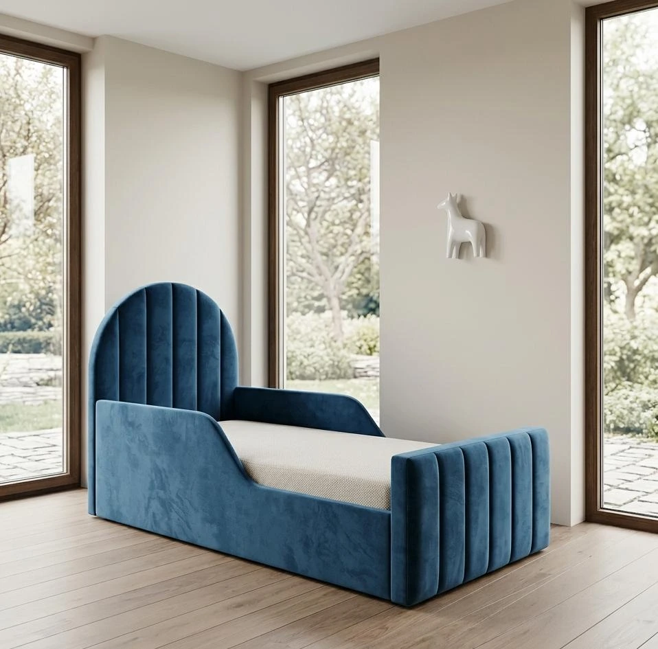 Luxury Blue Velvet Arch Panel Toddler Bed with luxury mattress with Side Rails - Beds furniture in UK