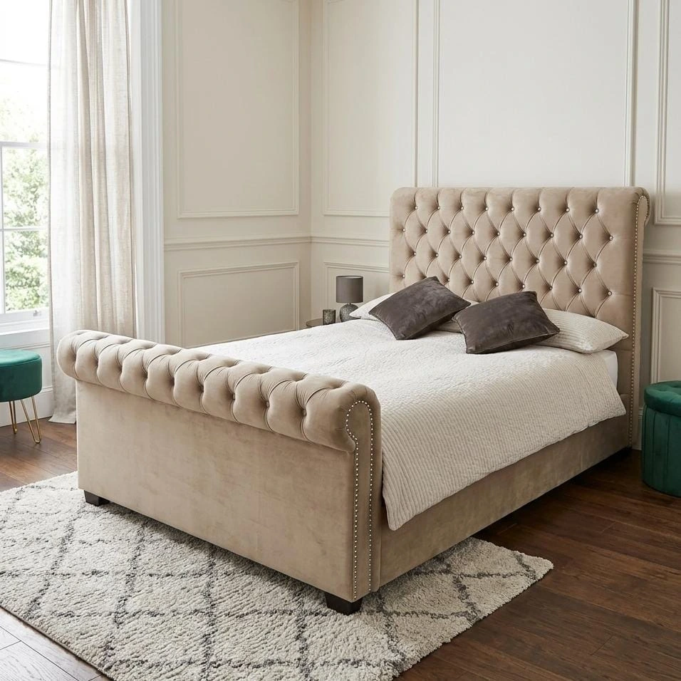 Beige Chesterfield Sleigh Double Bed with Mattress - Beds furniture in UK