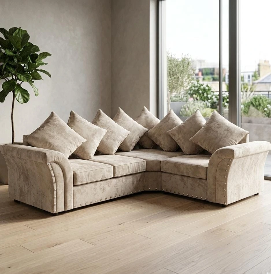 Harrison Chesterfield Mink Plush Velvet 4 Seater Right Arm Corner Sofa - Sofas furniture in UK