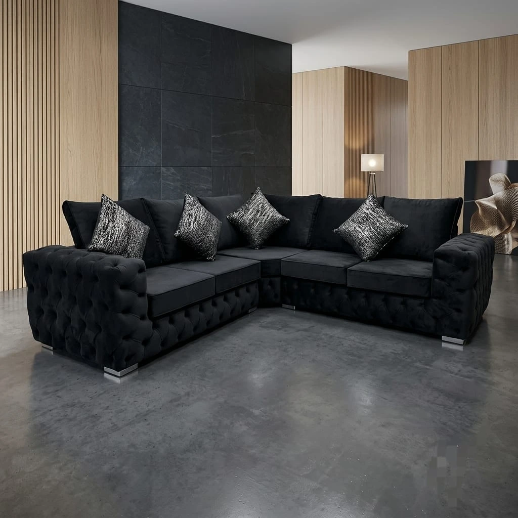 Ashton Luxury Black Velvet Corner Sofa High Back Chesterfield Fabric Settee Living Room Suite - Sofas furniture in UK