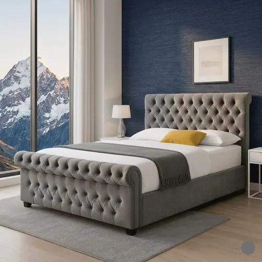 Double Grey Velvet Luxury Chesterfield Sleigh Bed with Mattress | UK Delivery - Beds furniture in UK
