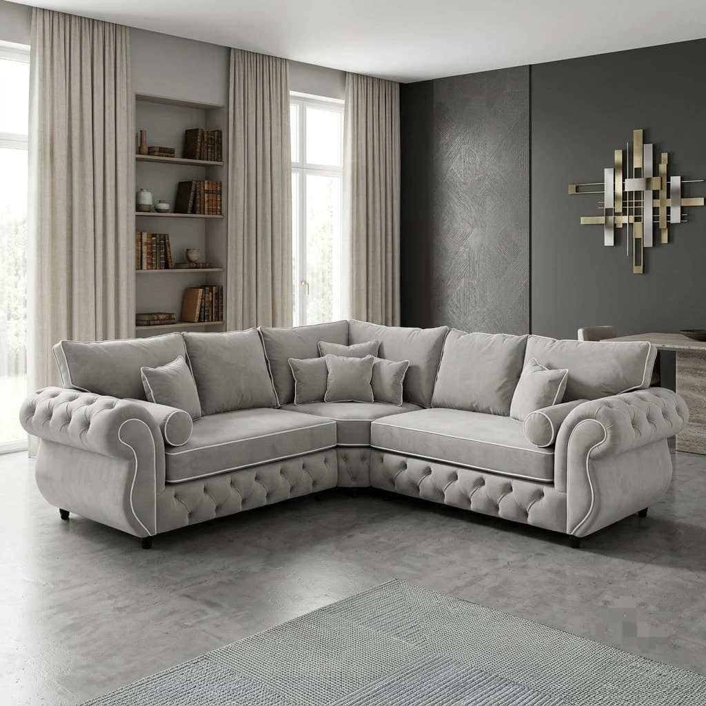 Rio High-Back Silver Velvet Chesterfield Sectional Sofa - Sofas furniture in UK