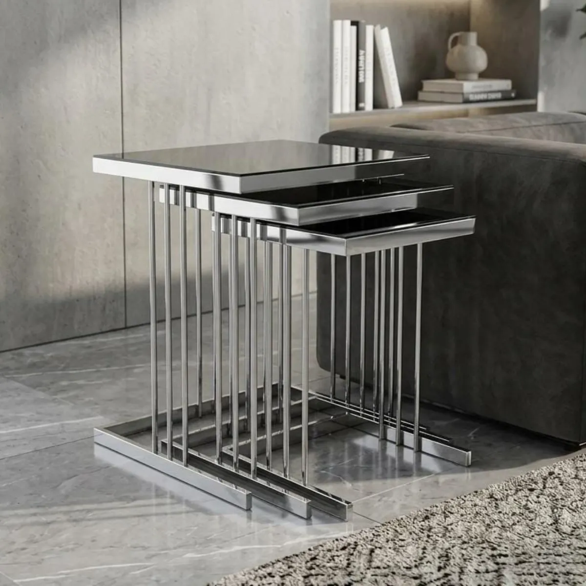 Carre Black Glass Nest of 3 Tables with Silver Chrome Frame - Coffee tables furniture in UK