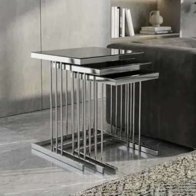 Carre Black Glass Nest of 3 Tables with Silver Chrome Frame – nest of tables for the living room