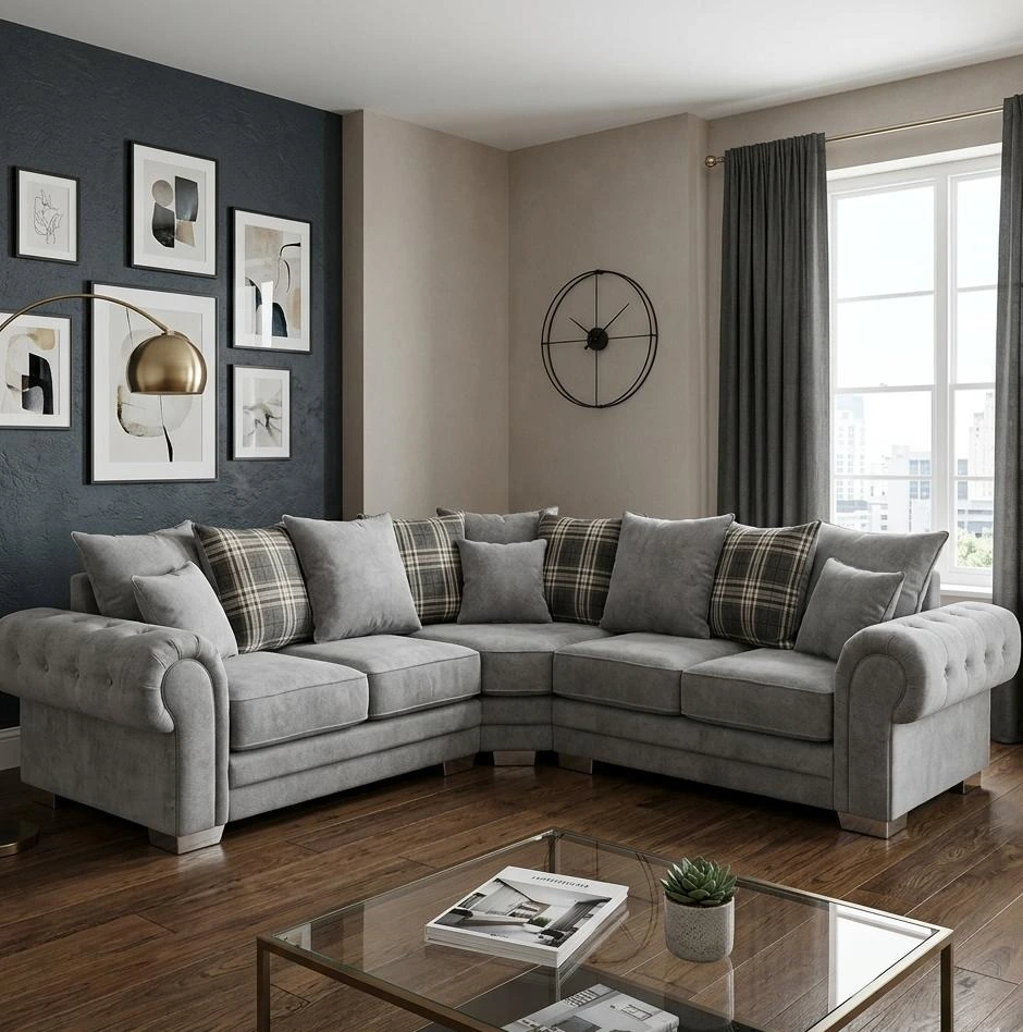 Verona Cord Fabric Corner Sofa Grey - Sofas furniture in UK