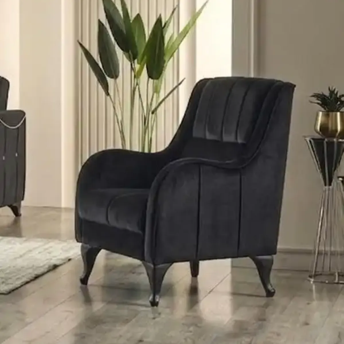 Seren Luxury Black Velvet Accent Chair | Fluted Wingback Sofa Armchair - Sofas furniture in UK