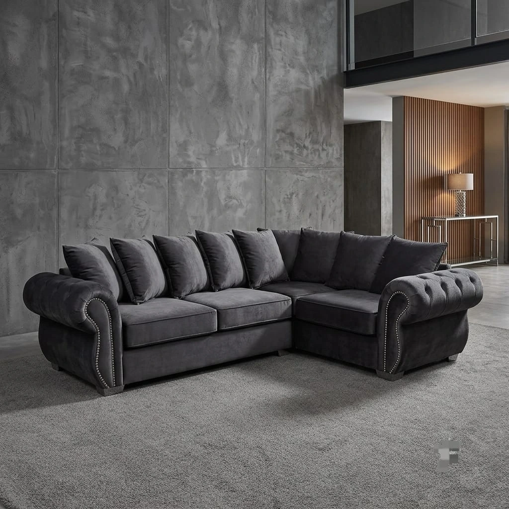 Rio 4-Seater Charcoal Velvet Right-Arm L-Shape Sofa with Studded Scroll Arms - Sofas furniture in UK