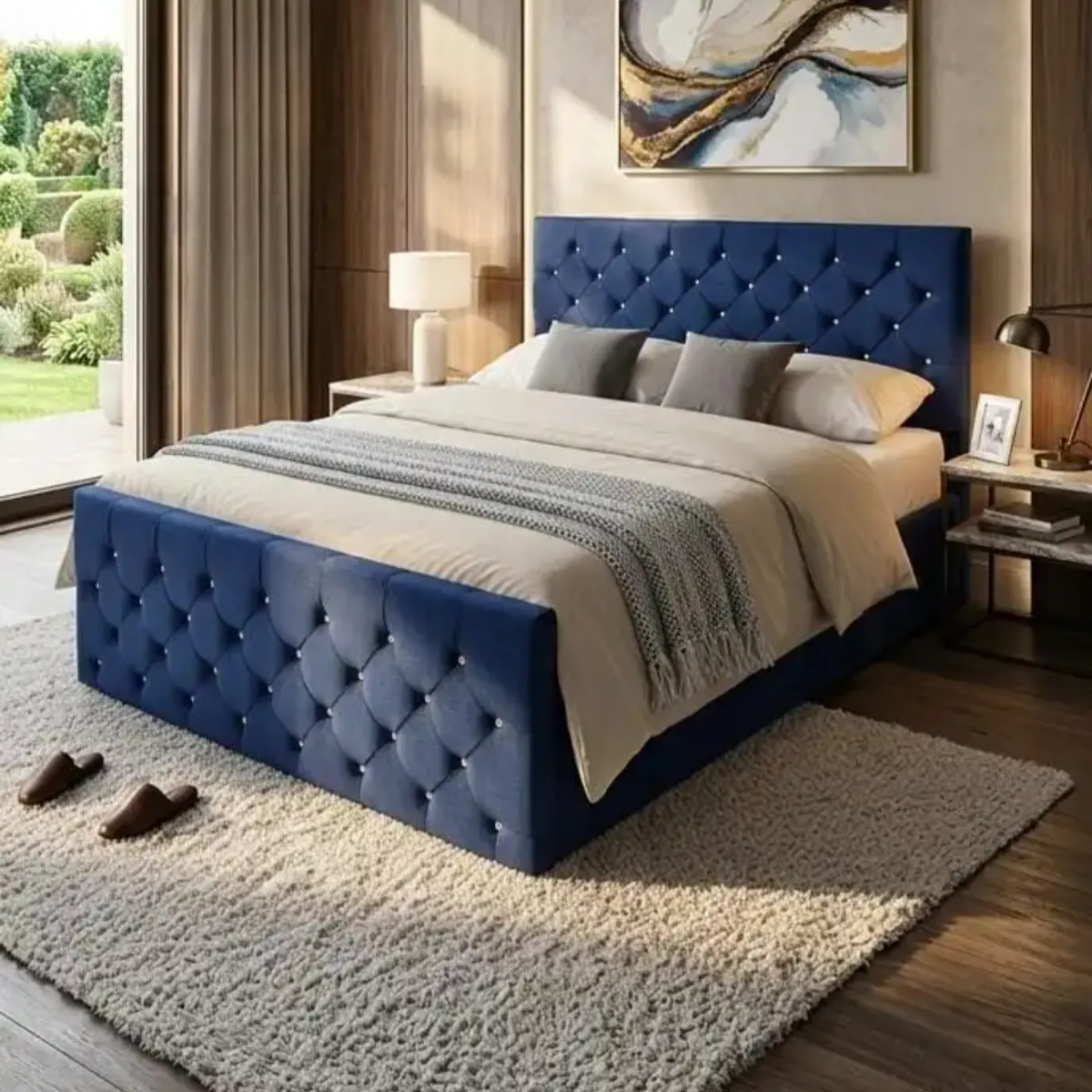 Royal Blue Plush Velvet Kingsize Chesterfield Bed with Luxury Mattress – Free UK Delivery - Beds furniture in UK