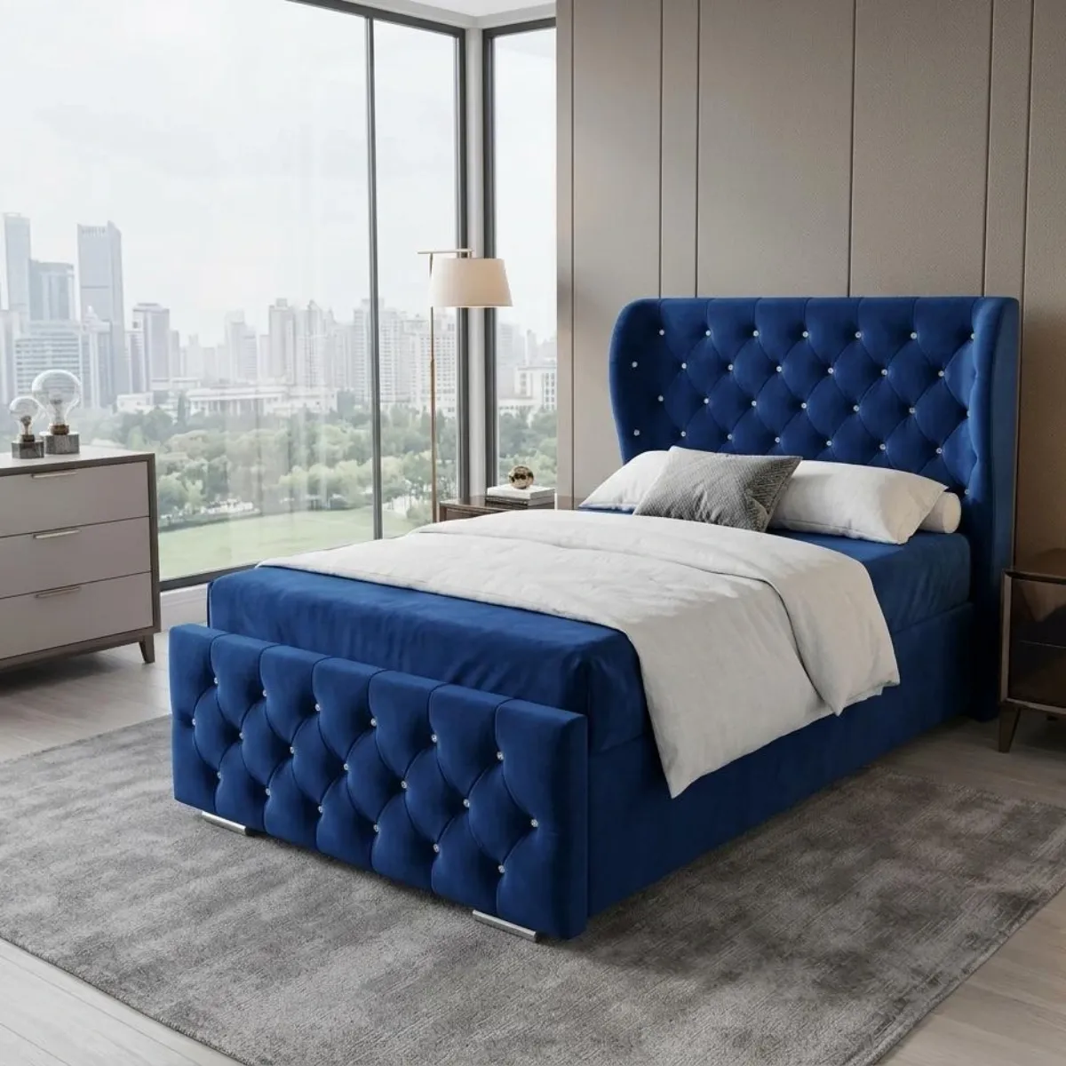 Single Size Oxford Wingback Chesterfield Bed – Royal Blue Velvet - Beds furniture in UK