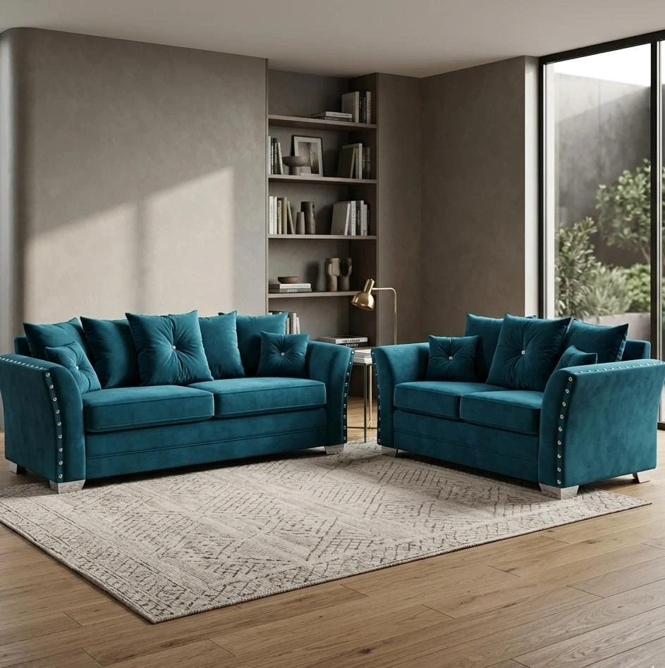 Harrison 3 and 2 Seater Velvet Sofa Set – Teal Blue - Sofas furniture in UK